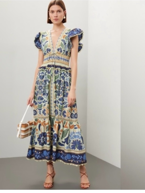 FARM Rio Dresses & Skirts - Farm Rio Tapestry Maxi Dress with Puff Sleeves - Blue & Green Ocean